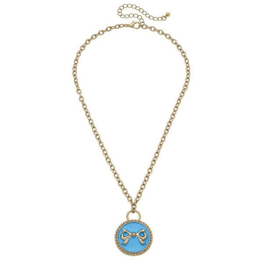 Enamel Bow Pendant Necklace - Blue Charm Necklace with Gold Chain